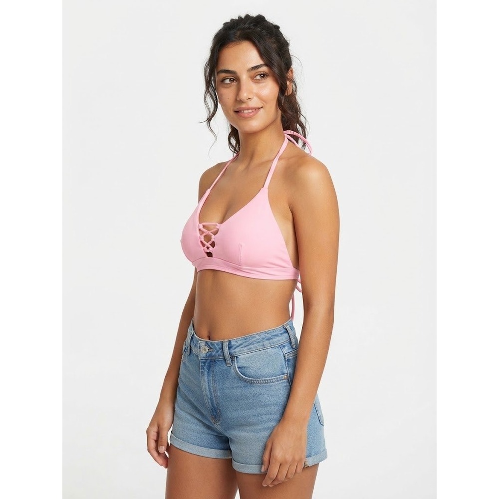 Y2K Poolside Sexy Bikini Top Womens XS Pink Excellent Lace Up Triangle Swimwear